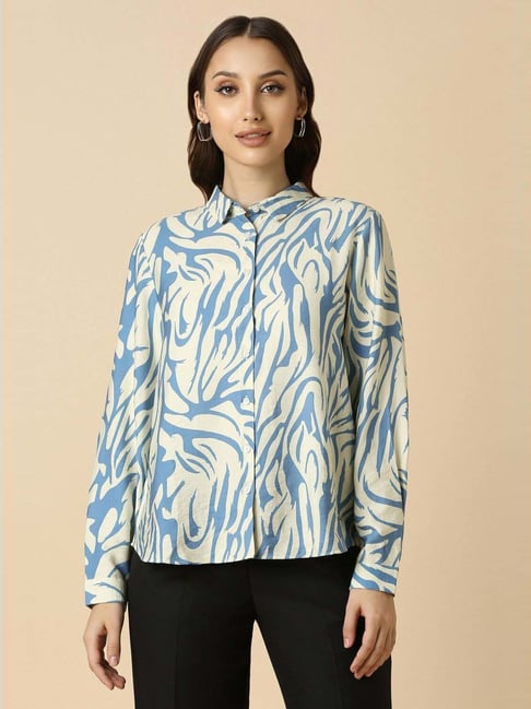 Allen Solly Cream & Blue Cotton Printed Formal Shirt-picture-46
