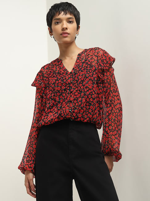 LOV by Westside Red Floral Printed Top with Camisole