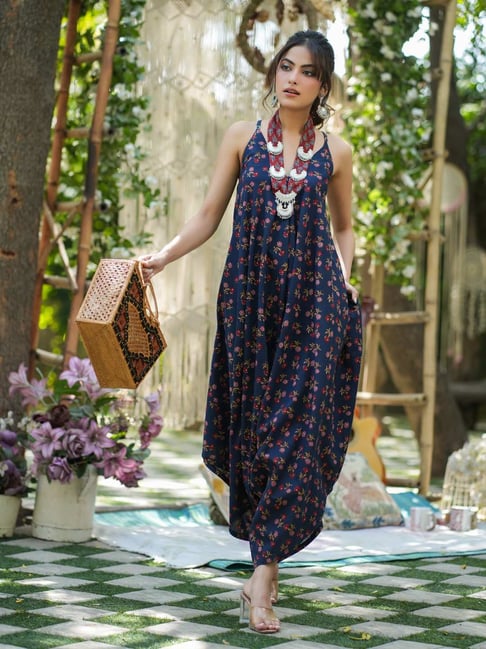 Rain and Rainbow Navy Cotton Printed A-Line dress Jumpsuit-picture-25