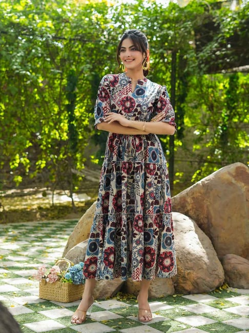 Rain and Rainbow Grey Blue Cotton Floral Print A-Line Dress