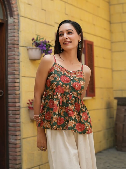 Rain and Rainbow Green Cotton Floral Print Top-picture-37