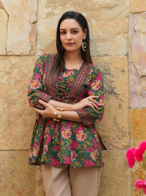 Rain and Rainbow Green Cotton Floral Print Top