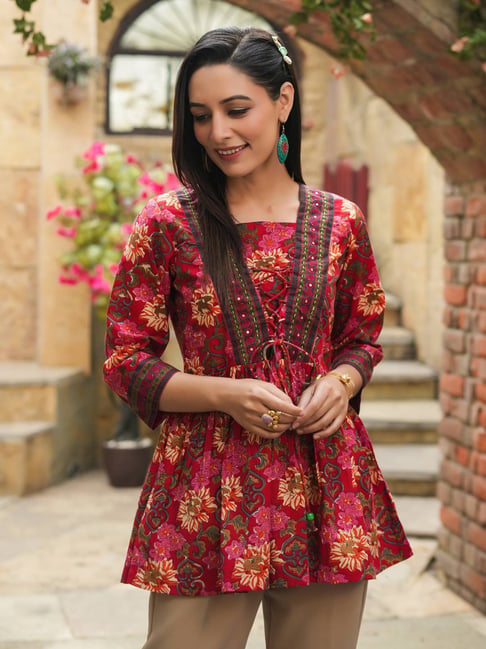 Rain and Rainbow Red Cotton Floral Print Top