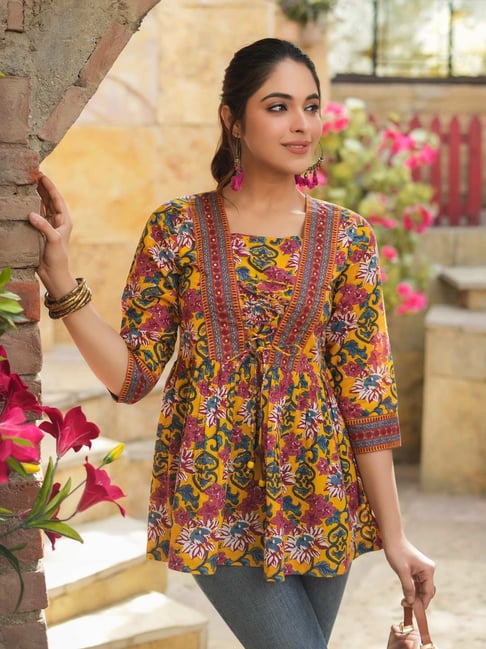 Rain and Rainbow Mustard Cotton Floral Print Top-picture-16