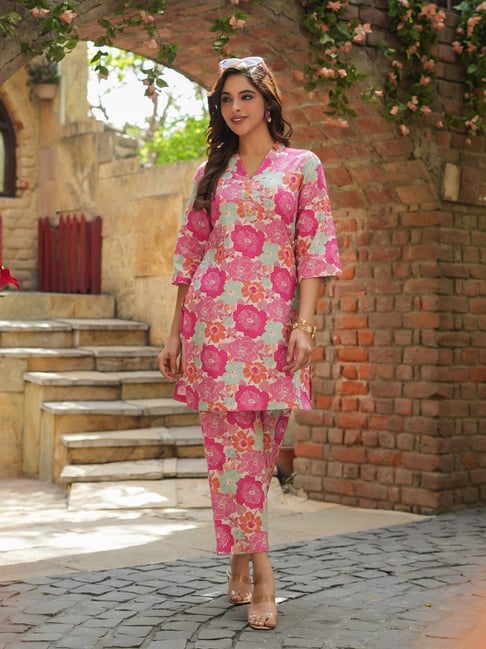 Rain and Rainbow Pink Cotton Floral Print Kurta & Pant Set