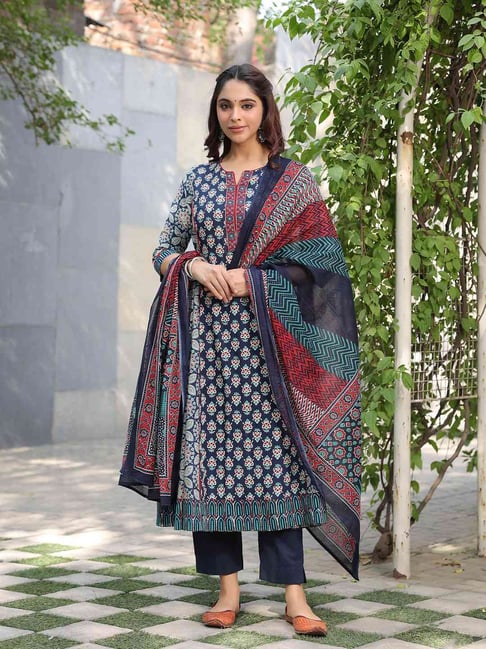 Rain and Rainbow Blue Cotton Embroidered Kurta & Pant Set With Dupatta