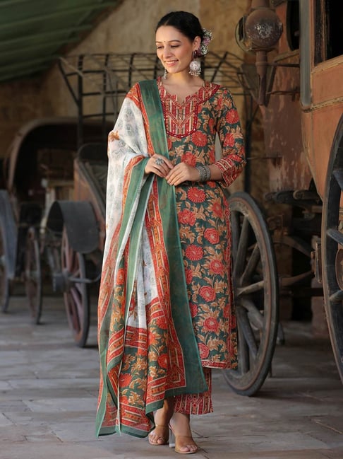 Rain and Rainbow Green Cotton Floral Print Kurta & Pant Set With Dupatta