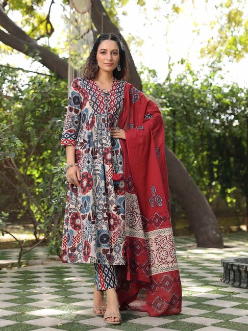 Rain and Rainbow Blue & Maroon Cotton Printed Kurta & Pant Set With Dupatta