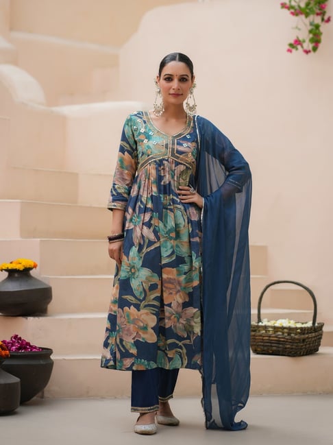 Rain and Rainbow Blue Cotton Embroidered Kurta & Pant Set With Dupatta