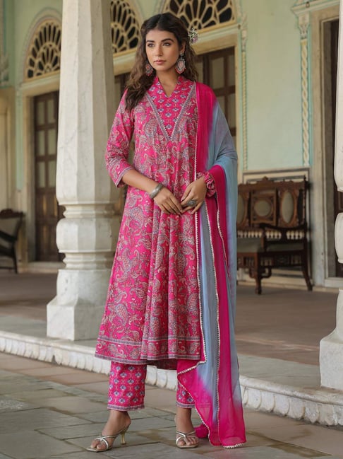 Rain and Rainbow Pink Cotton Paisley Print Kurta & Pant Set With Dupatta