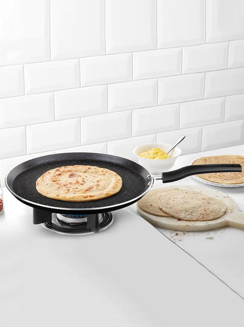 Borosil Aluminium 25 cm Induction Non-Stick Tawa with Wood-Finish Handle (Black)