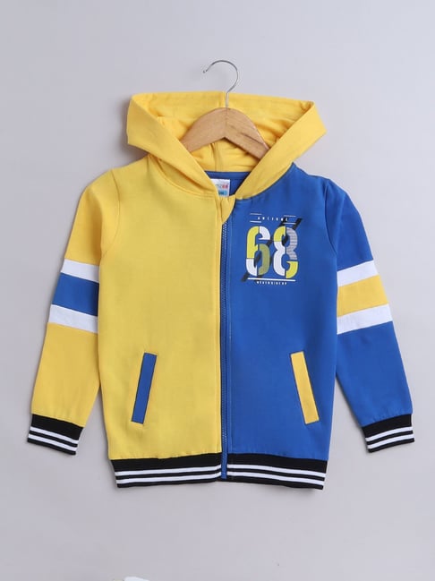 BUMZEE Yellow Royal Blue Boys Full Sleeves Cotton Hooded Zipper  Sweatshirt Age 6-7 Years