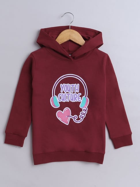 BUMZEE Red Girls Full Sleeves Cotton Hooded Sweatshirt Age - 6-7 Years