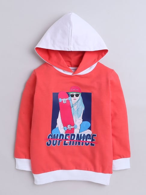 BUMZEE Coral Girls Full Sleeves Cotton Hooded Sweatshirt Age - 7-8 Years