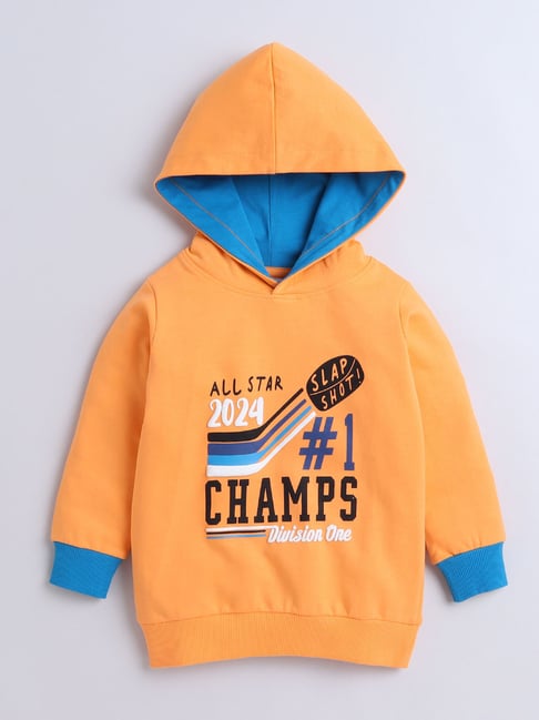BUMZEE Orange Boys Full Sleeves Cotton Hooded Sweatshirt Age - 12-18 Months