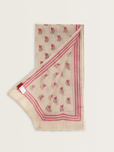 Zuba by Westside Beige Floral Printed Silk-Blend Stole