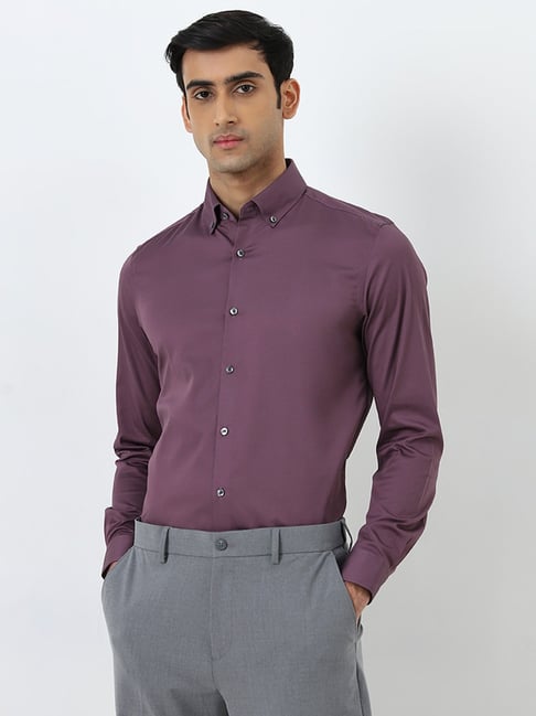 WES Formals by Westside Mauve Solid Slim-Fit Cotton Blend Shirt