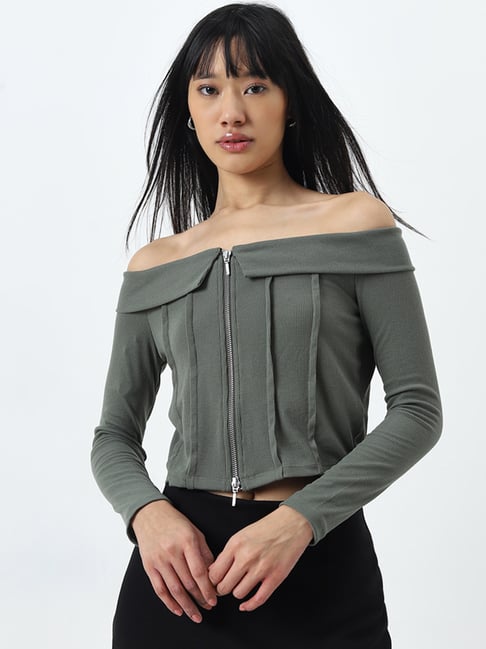 Nuon by Westside Olive Off-Shoulder Cotton Top