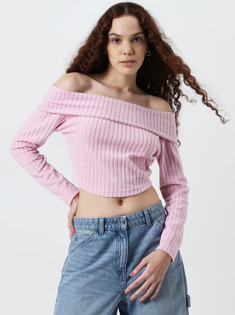 Nuon by Westside Pink Ribbed Textured Off-Shoulder Top