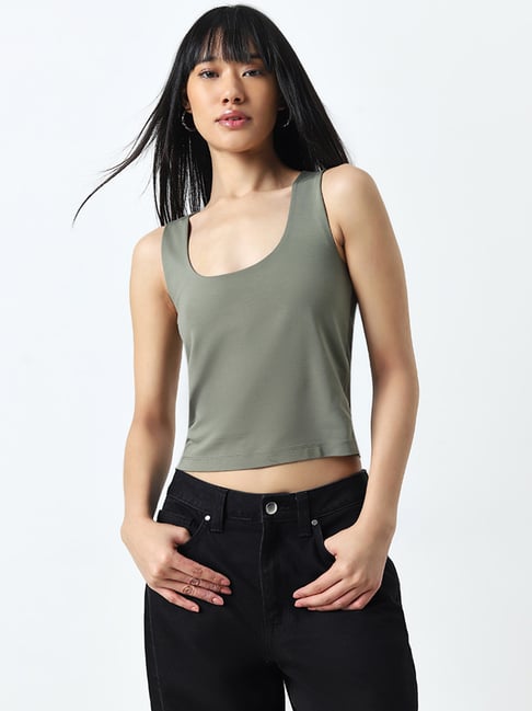 Nuon by Westside Olive Solid T-Shirt