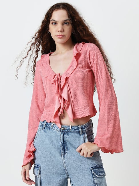 Nuon by Westside Pink Ruffled Detailed Textured Top