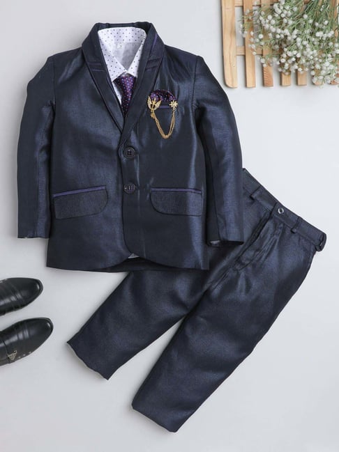 Fourfolds Boys Steelblue Solid Full Sleeves Suit Set-picture-31