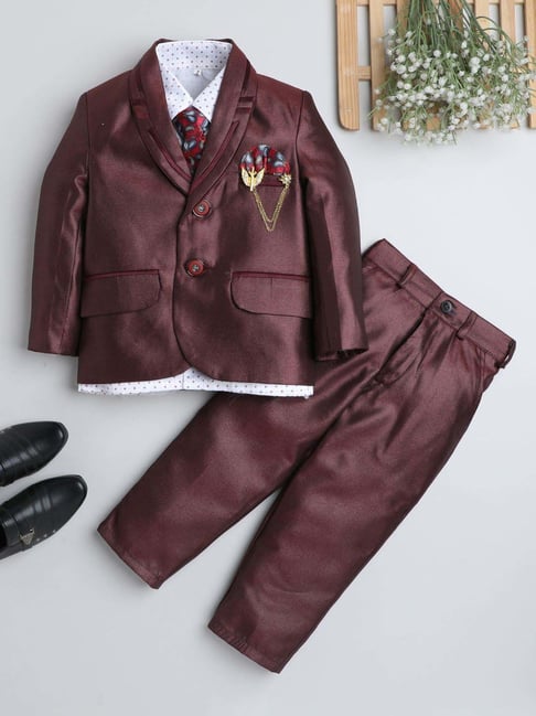 Fourfolds Boys Wine Solid Full Sleeves Suit Set-picture-25