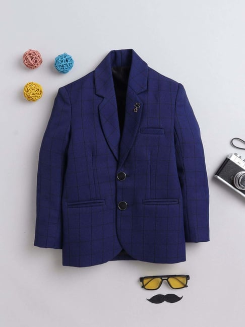 Fourfolds Boys Blue Checks Full Sleeves Blazer-picture-33