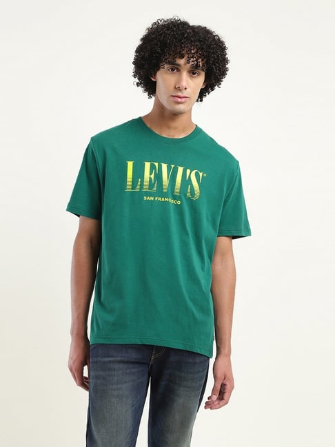 Levi's Dark Green Cotton Loose Fit Logo Printed T-Shirt
