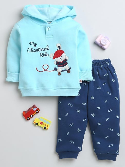 Bumzee Boys Blue Printed Full Sleeves Hoodie with Joggers