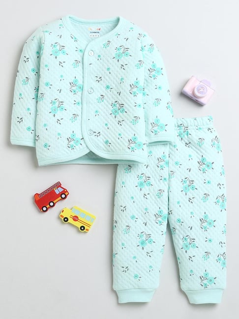 Bumzee Girls Mint Green Floral Print Full Sleeves Jabla with Pyjamas
