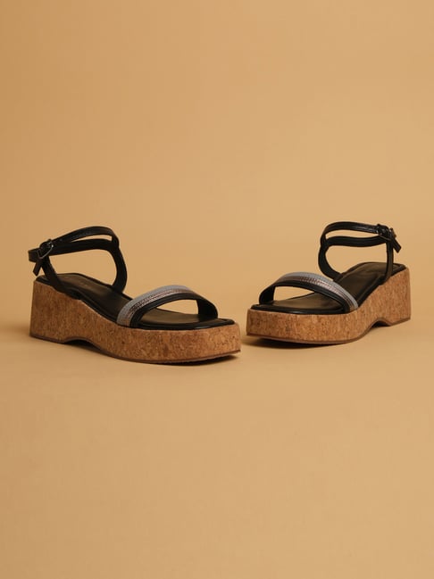 Buy Eridani Women's Havana Black Ankle Strap Wedges for Women at