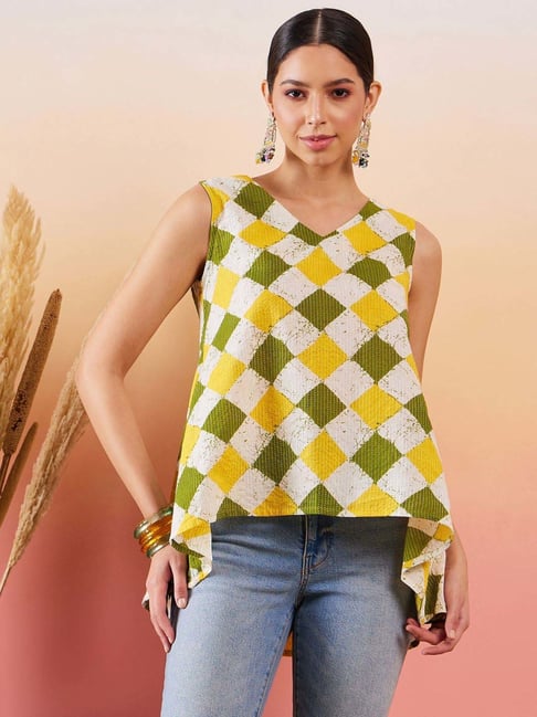Inweave Yellow & Green Cotton Chequered Top