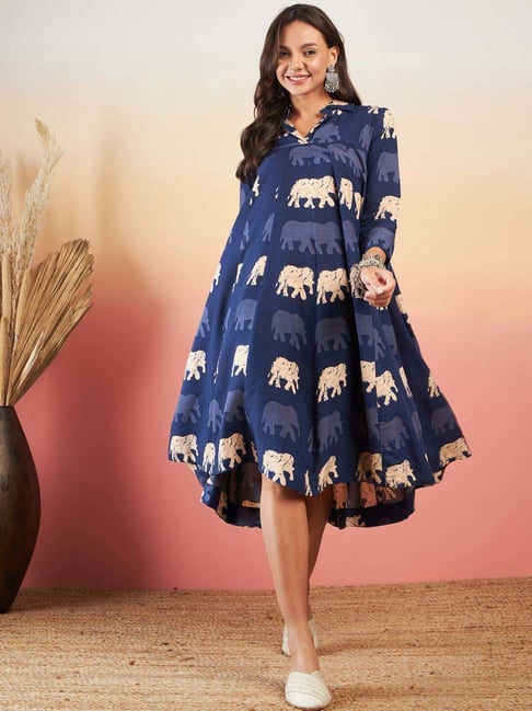 Inweave Blue Printed A-Line Dress