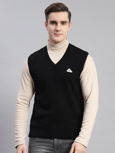 Monte Carlo Black Pure Wool Regular Fit Solid Sweater