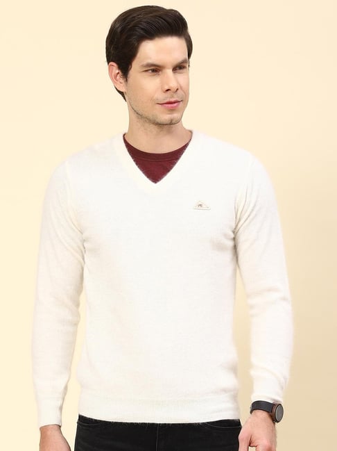 Monte Carlo Off White Wool Blend Regular Fit Solid Pullover