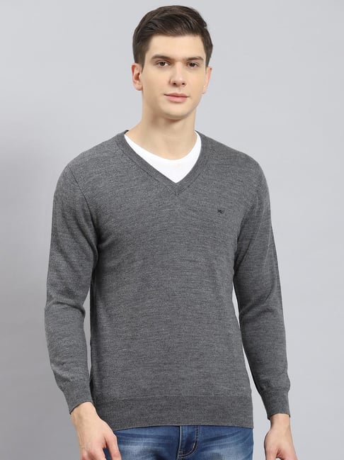 Monte Carlo Grey Pure Wool Regular Fit Solid Pullover