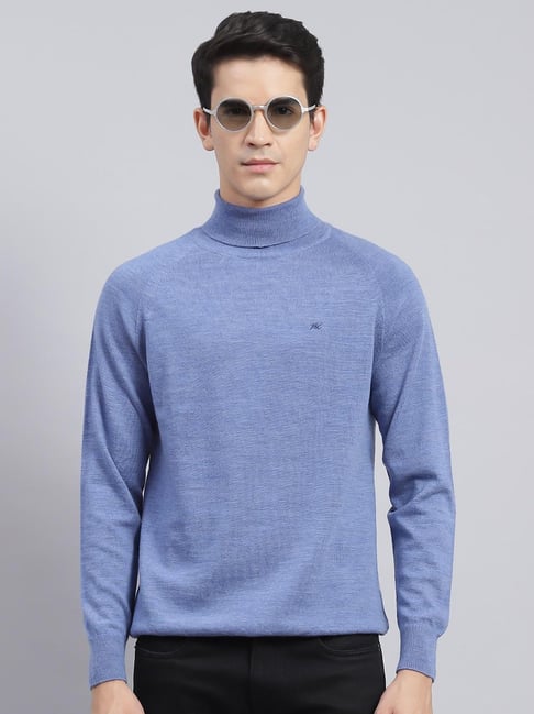 Monte Carlo Blue Pure Wool Regular Fit Solid Pullover