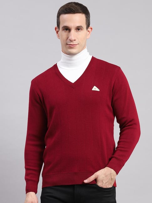 Monte Carlo Maroon Pure Wool Regular Fit Solid Pullover