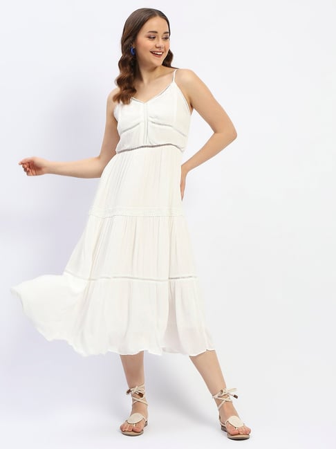 MADAME Off White Cotton Lace Midi Dress