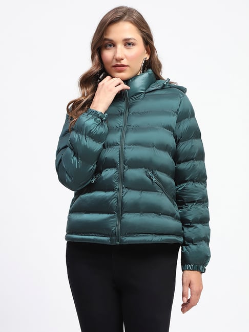 MADAME Teal Cotton Regular Fit Puffer Jacket-picture-16