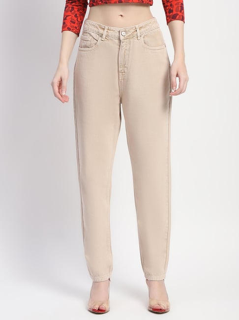 MADAME Beige Cotton Relaxed Fit Mid Rise Jeans