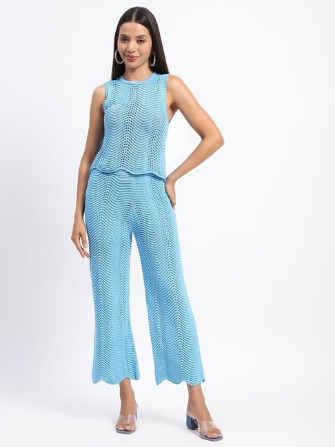 MADAME Blue Cotton Self Design Co-Ord Set