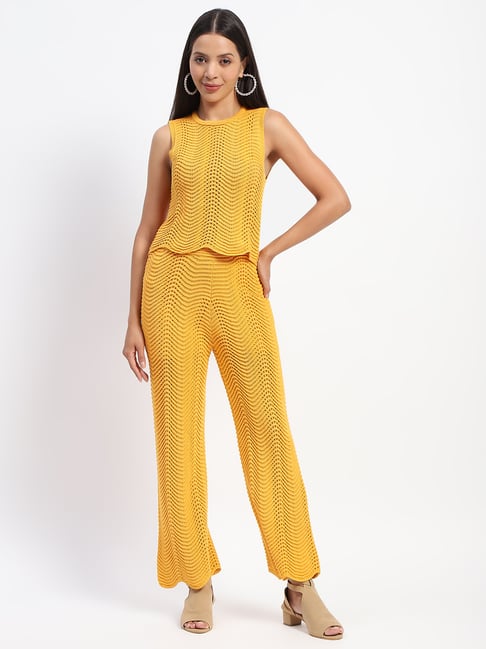 MADAME Yellow Cotton Self Design Co-Ord Set