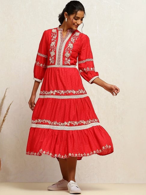 Biba Red Cotton Embroidered A-Line Dress