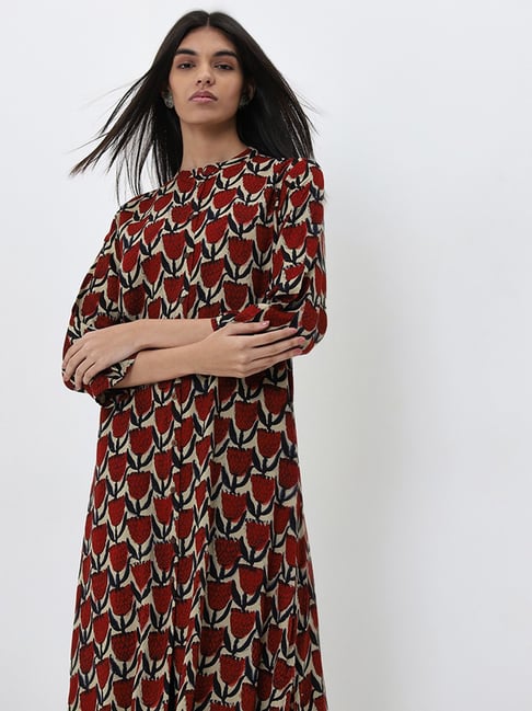 Utsa by Westside Maroon Floral Printed A-Line Kurta