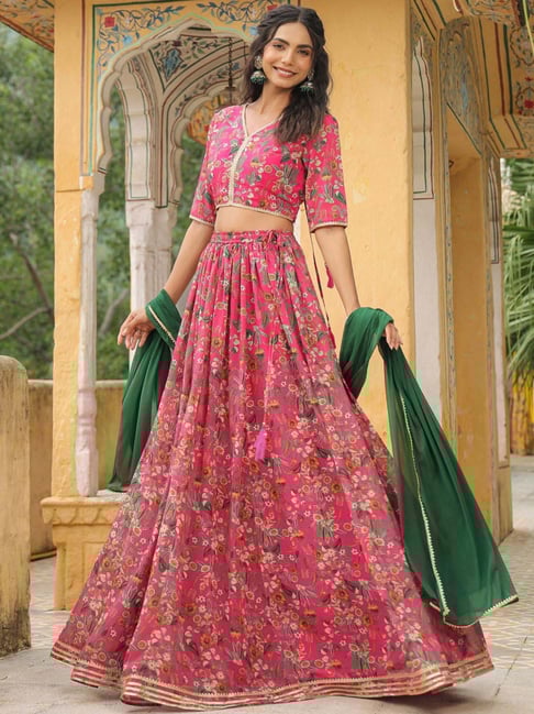 Janasya Pink Printed Lehenga Choli Set With Dupatta