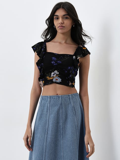 LOV by Westside Black Floral Design Crop Top