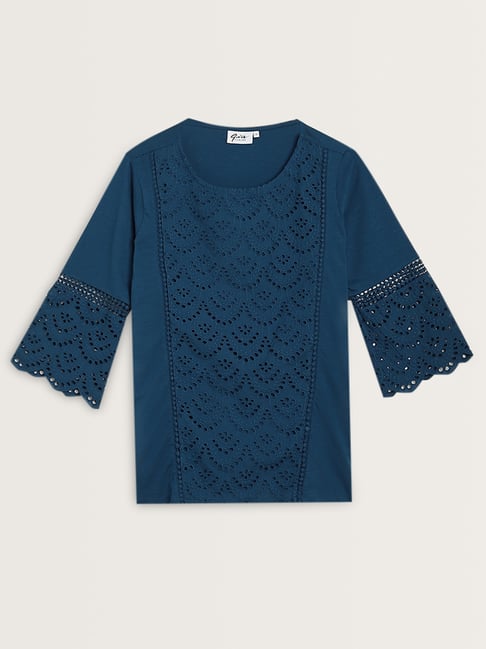 Gia by Westside Dark Blue Schiffli Design Cotton Blouse