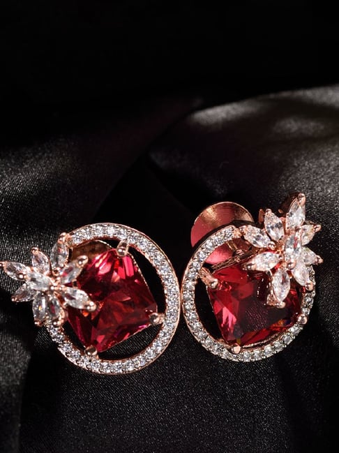 Saraf RS Jewellery Rose Gold Pink Ruby AD Floral Studs Earrings-picture-34